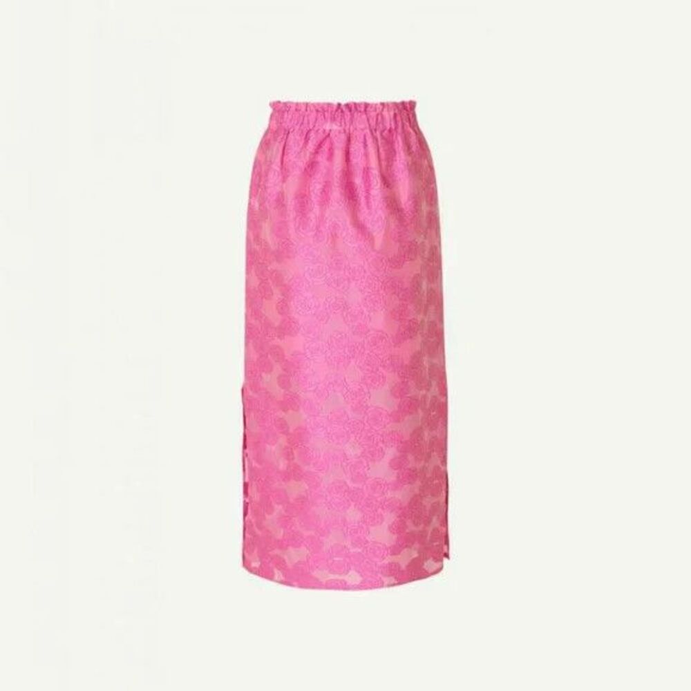 Samsoe Samsoe Pink Floral Jacquard Ruffle Elastic Waist Midi Bansa Skirt M NWT
